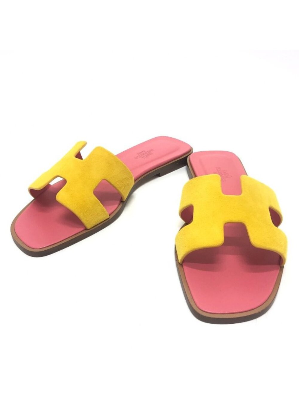 Hermes Sandals Oran Logo Leather Suede Pink